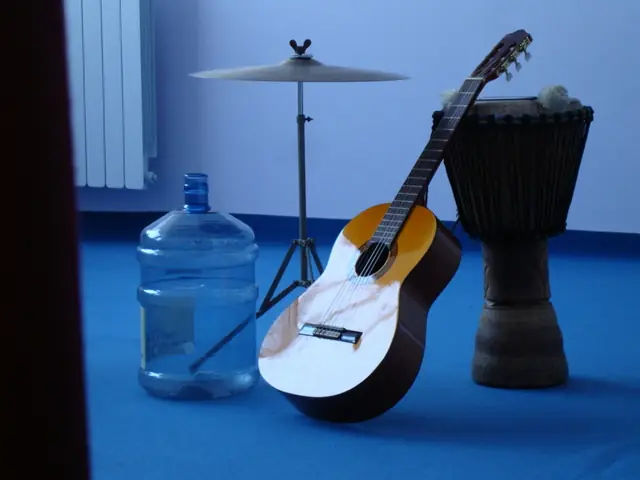Strumenti musicali: una chitarra, un tamburo, un piatto e una tanica d’acqua