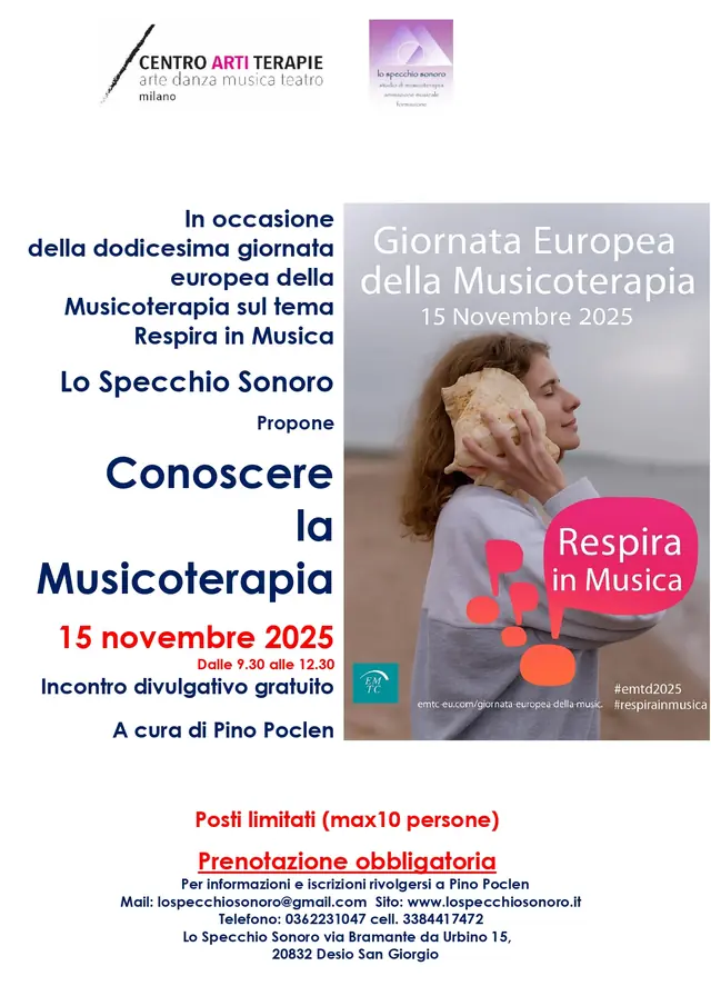 Volantino: Conoscere la Musicoterapia, 15 novembre 2025, incontro divulgativo gratuito a cura di Pino Poclen